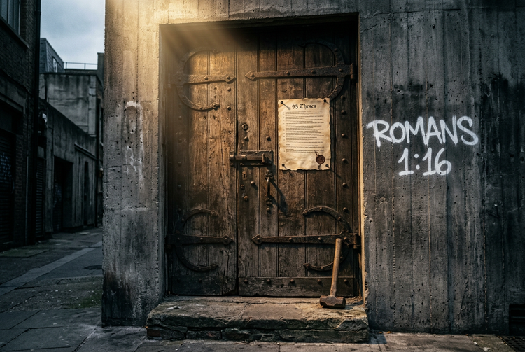 Old wooden church door with the 95 Theses nailed to it, a hammer on the step, and Romans 1:16 spray-painted on the concrete wall